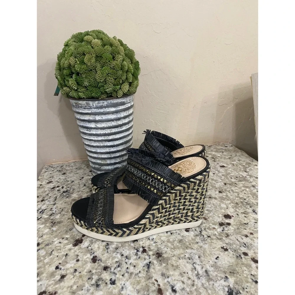 Vince Camuto Black Woven Wedge Sandals Tribal Fringe Studded Embellished Slip On